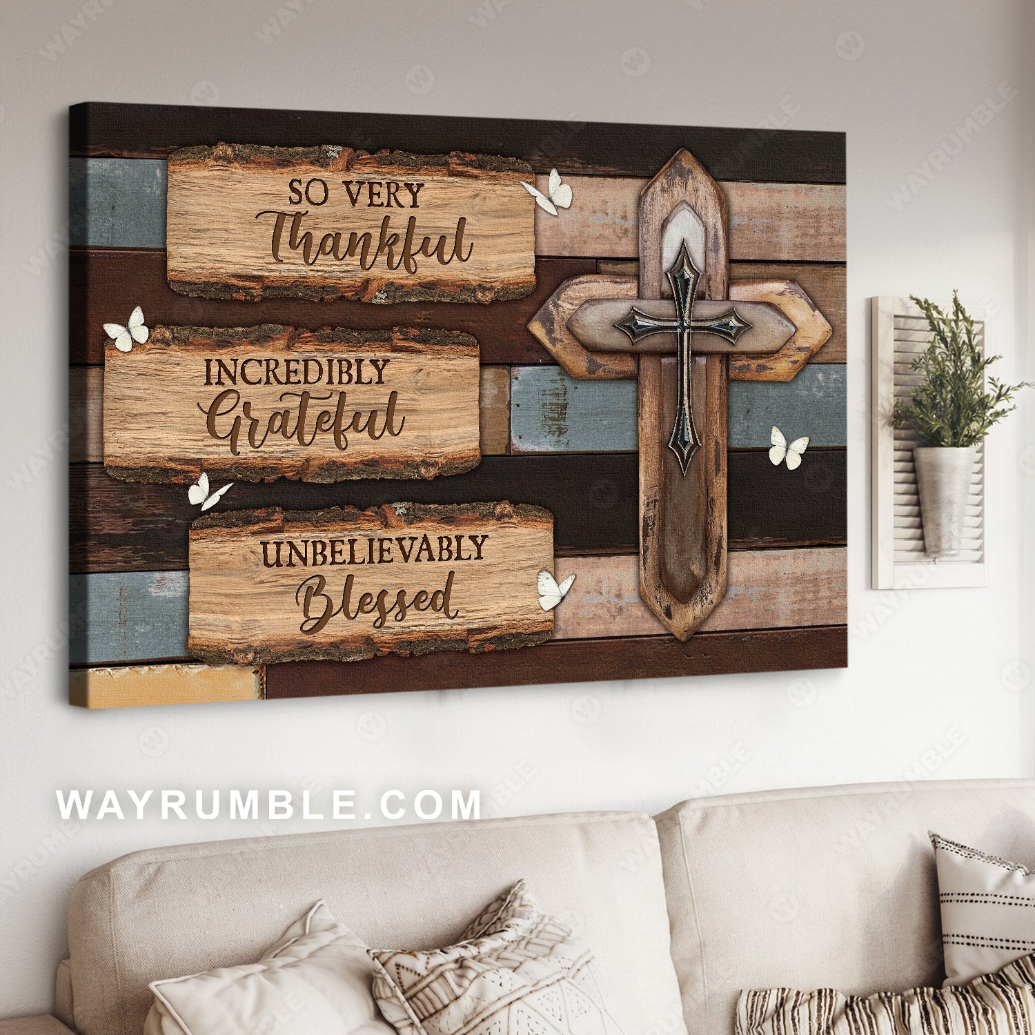 Beautiful sign, Stunning cross, Small butterfly, So very thankful - Jesus Landscape Canvas Prints, Home Decor Wall Art