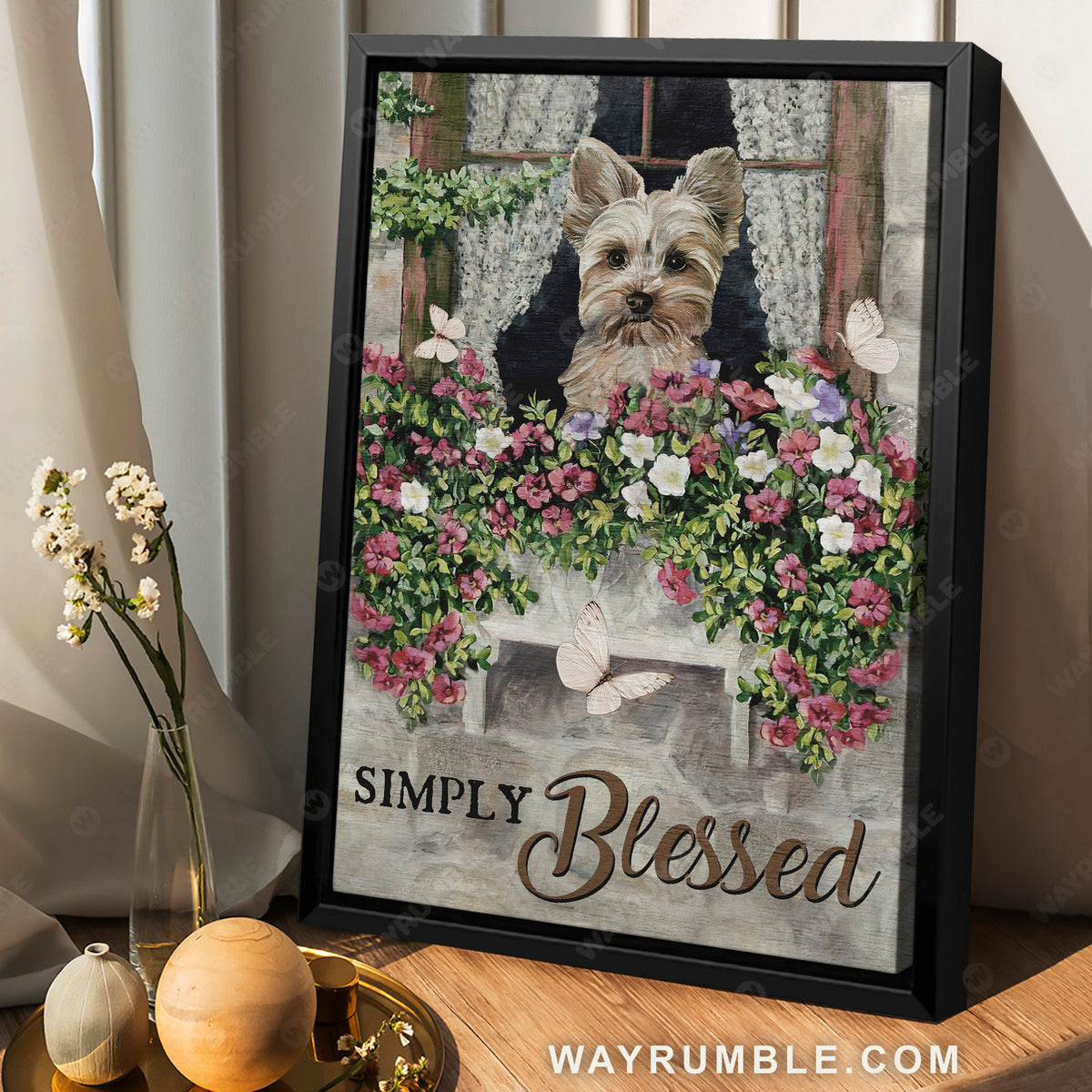 Yorkshire Terrier dog, Beautiful flower garden, Butterfly, Simply blessed - Jesus Portrait Canvas Prints, Christian Wall Art