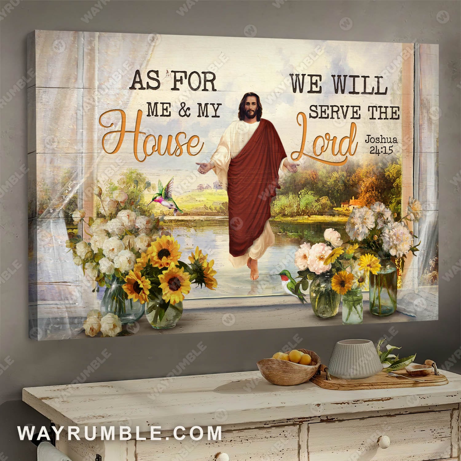 Jesus walking on water, Brilliant flower painting, We will serve the Lord - Jesus Landscape Canvas Prints, Wall Art