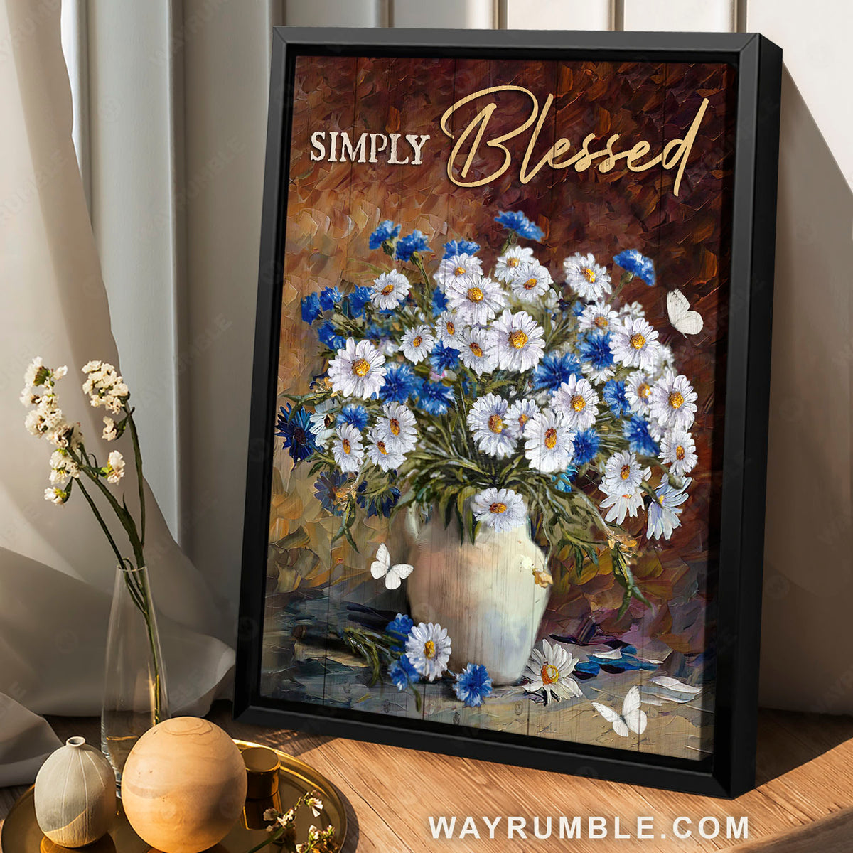 Daisy painting, Cornflower blue, Ceramic vase, Simply blessed - Jesus Portrait Canvas Prints, Christian Wall Art