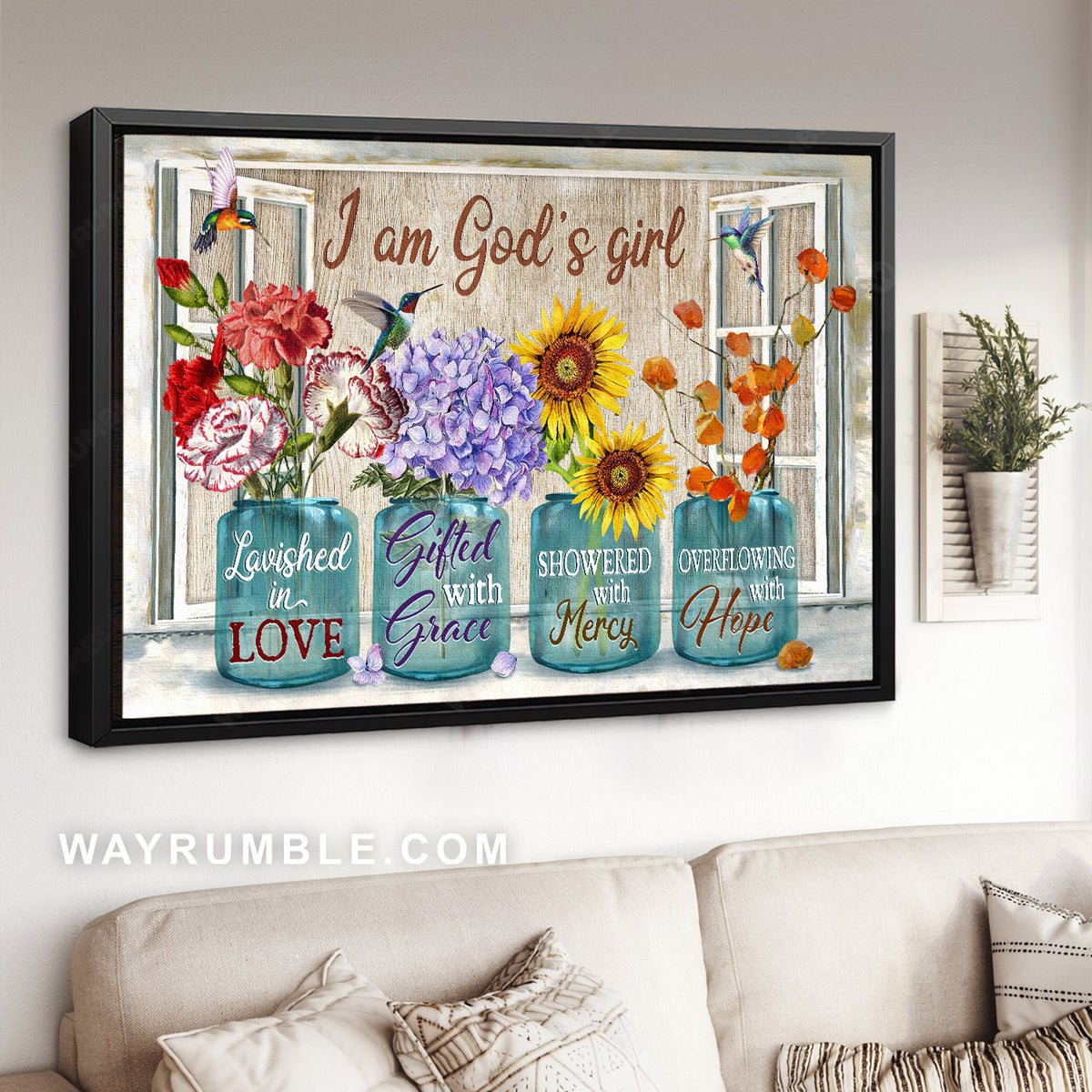 Red carnation, Purple hydrangea, Sunflower, Glass jar, I am God's girl - Jesus Landscape Canvas Prints, Christian Wall Art