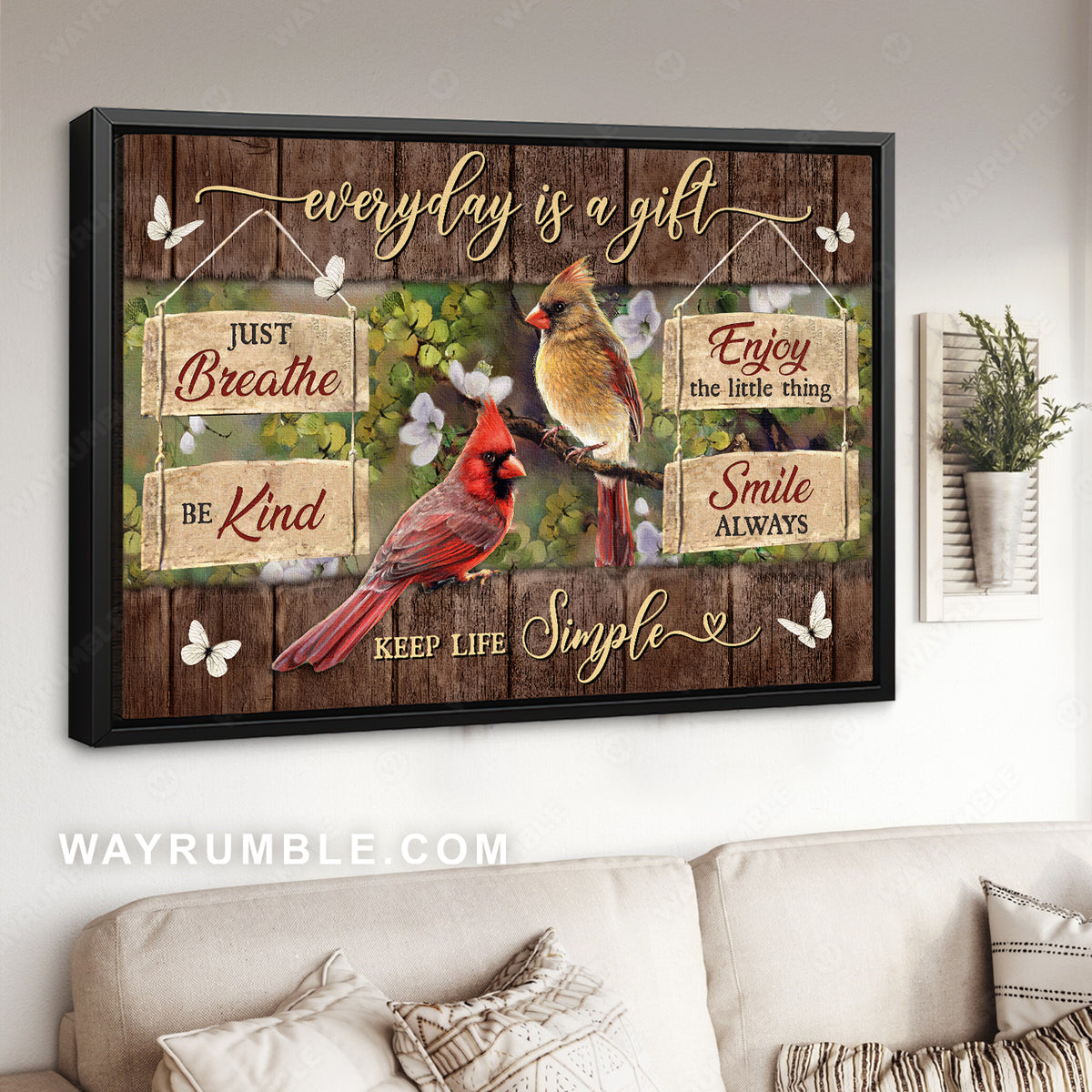 Red cardinal, Yellow cardinal, Wood sign, Every day is a gift - Jesus Landscape Canvas Prints, Christian Wall Art
