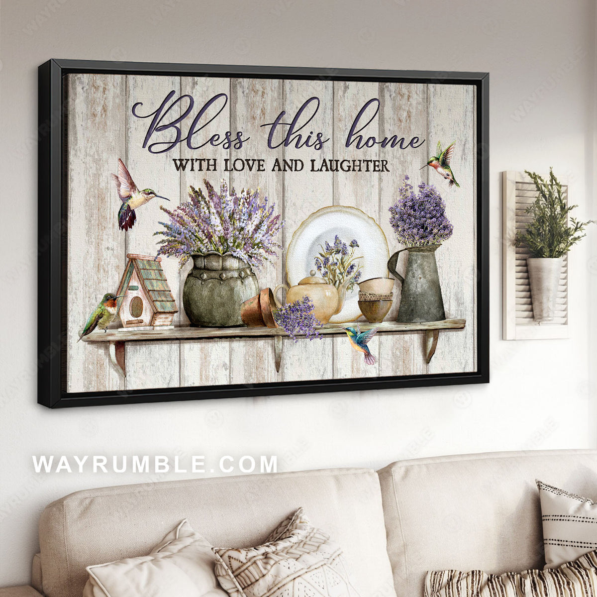 Lavender in pots, Hummingbirds, Tea pot, Oval plate, Bless this home - Jesus Landscape Canvas Prints, Christian Wall Art