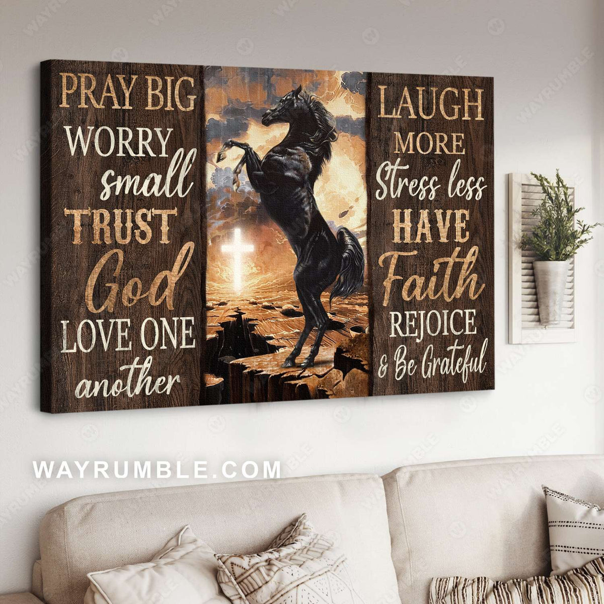 Black horse painting, The amazing horse, The cross light, Have faith, Rejoice &amp; Be grateful - Jesus Landscape Canvas Prints, Christian Wall Art