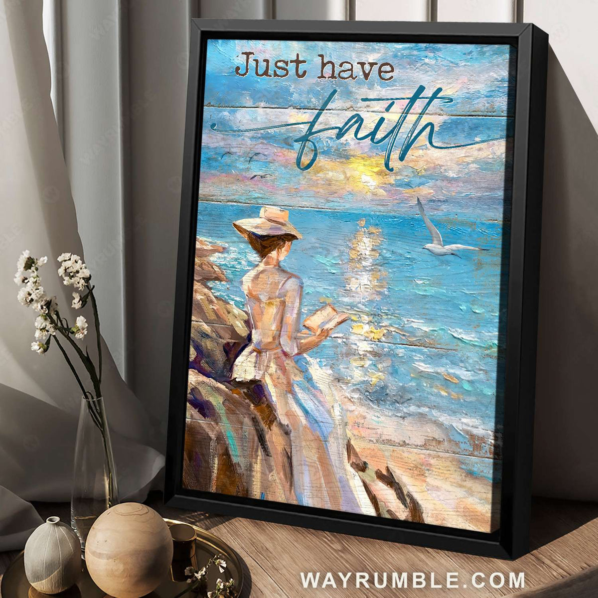 Beautiful lady, Reading book, Sunrise ocean, Flying seagull, Just have faith - Jesus Portrait Canvas Prints, Christian Wall Art