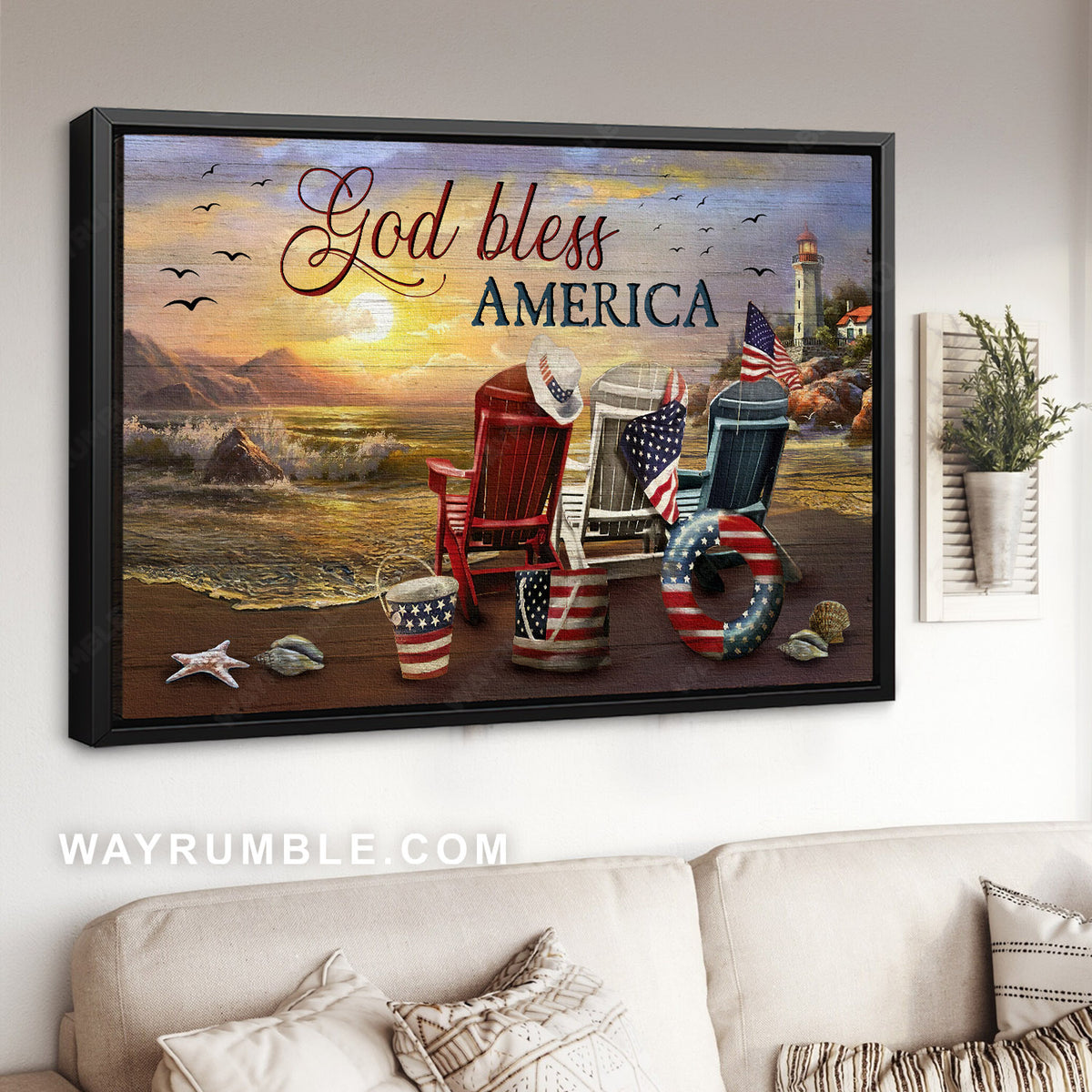 Beach chair, American flag, Today sunrise, God bless America - Jesus Landscape Canvas Prints, Christian Wall Art