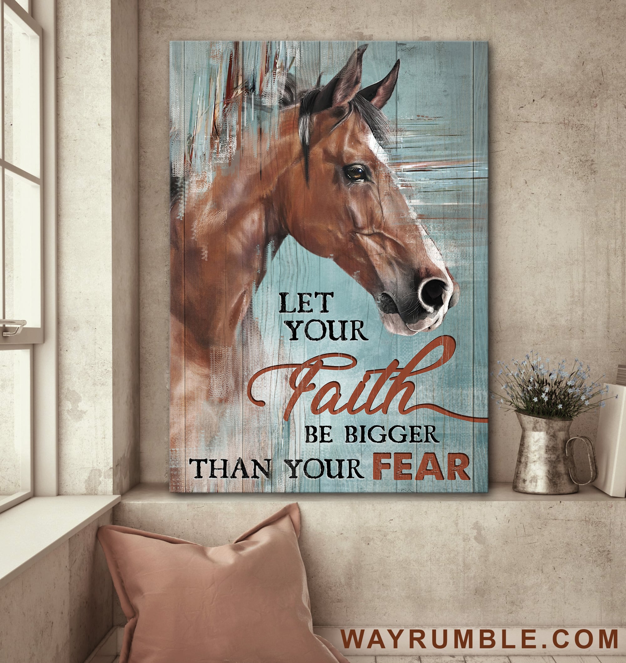 Beautiful horse painting, Blue background, Let your faith be bigger than your fear - Jesus Portrait Canvas Prints, Wall Art