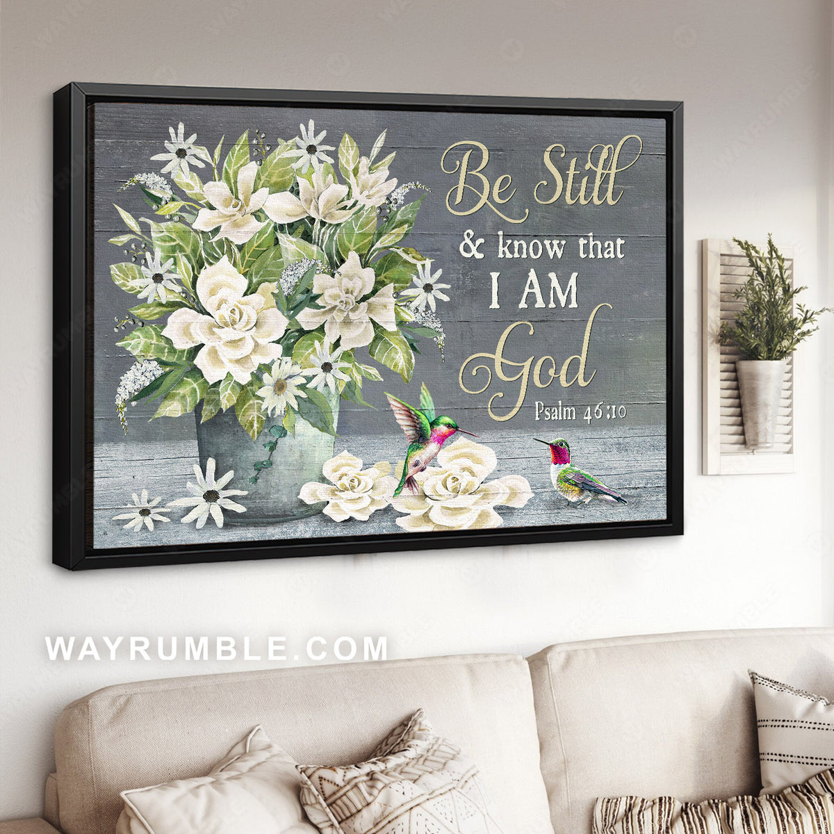 Cape jasmine, White flowers, Green hummingbird, Be still I am God - Jesus Landscape Canvas Prints, Christian Wall Art