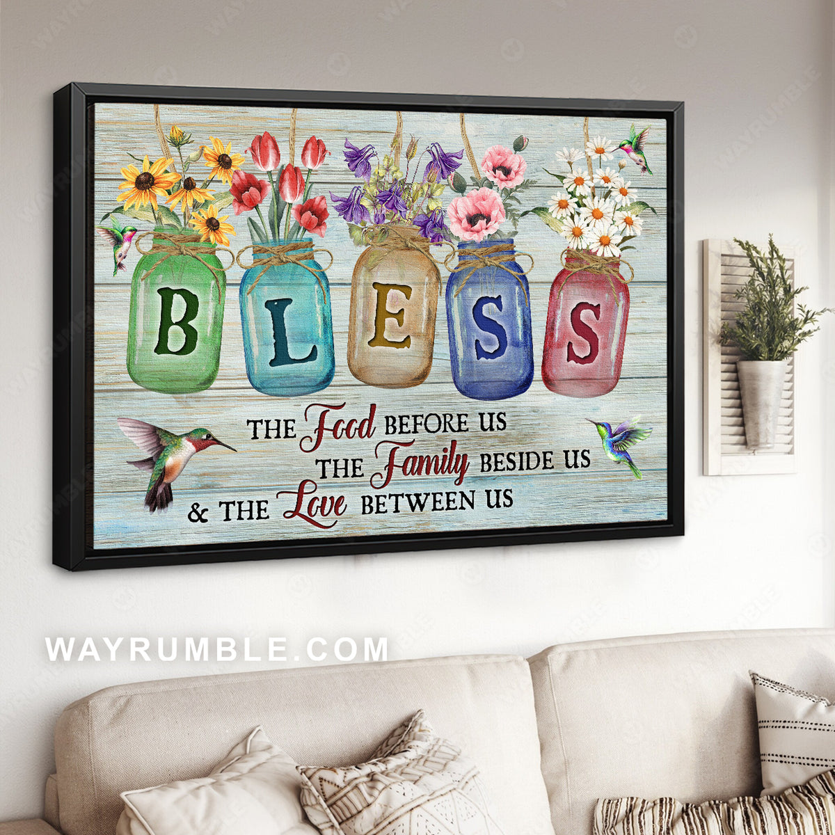 Glass jar, Colorful flower, Green hummingbirds, Bless food family love - Jesus Landscape Canvas Prints, Christian Wall Art