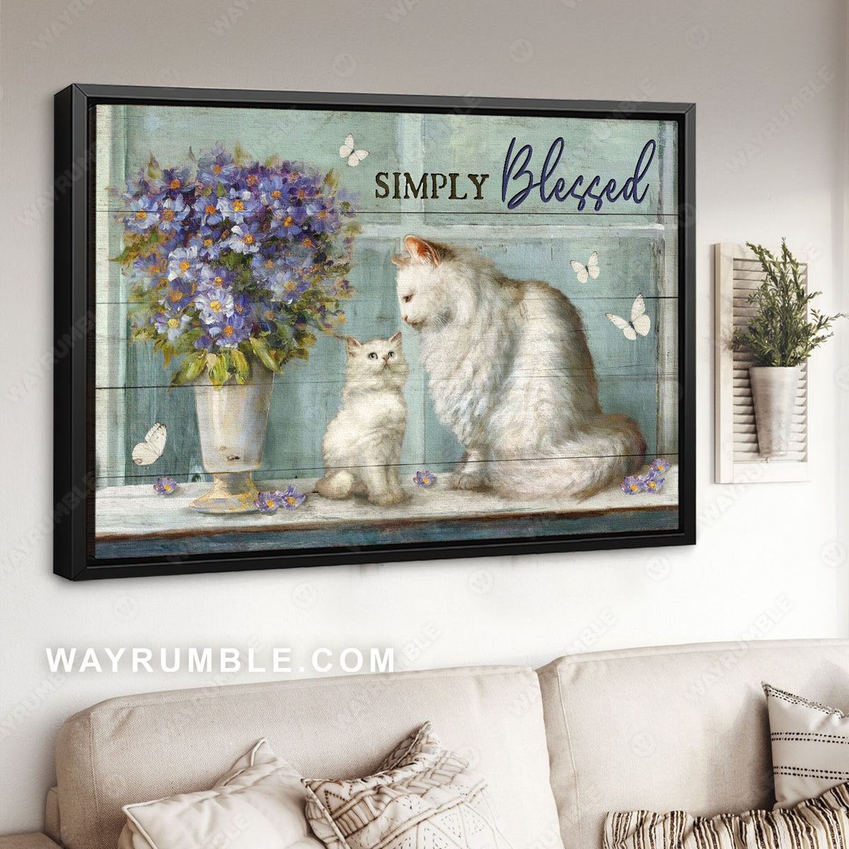 White kitten, Mom cat, Blue daisy, Simply blessed - Jesus Landscape Canvas Prints, Christian Wall Art