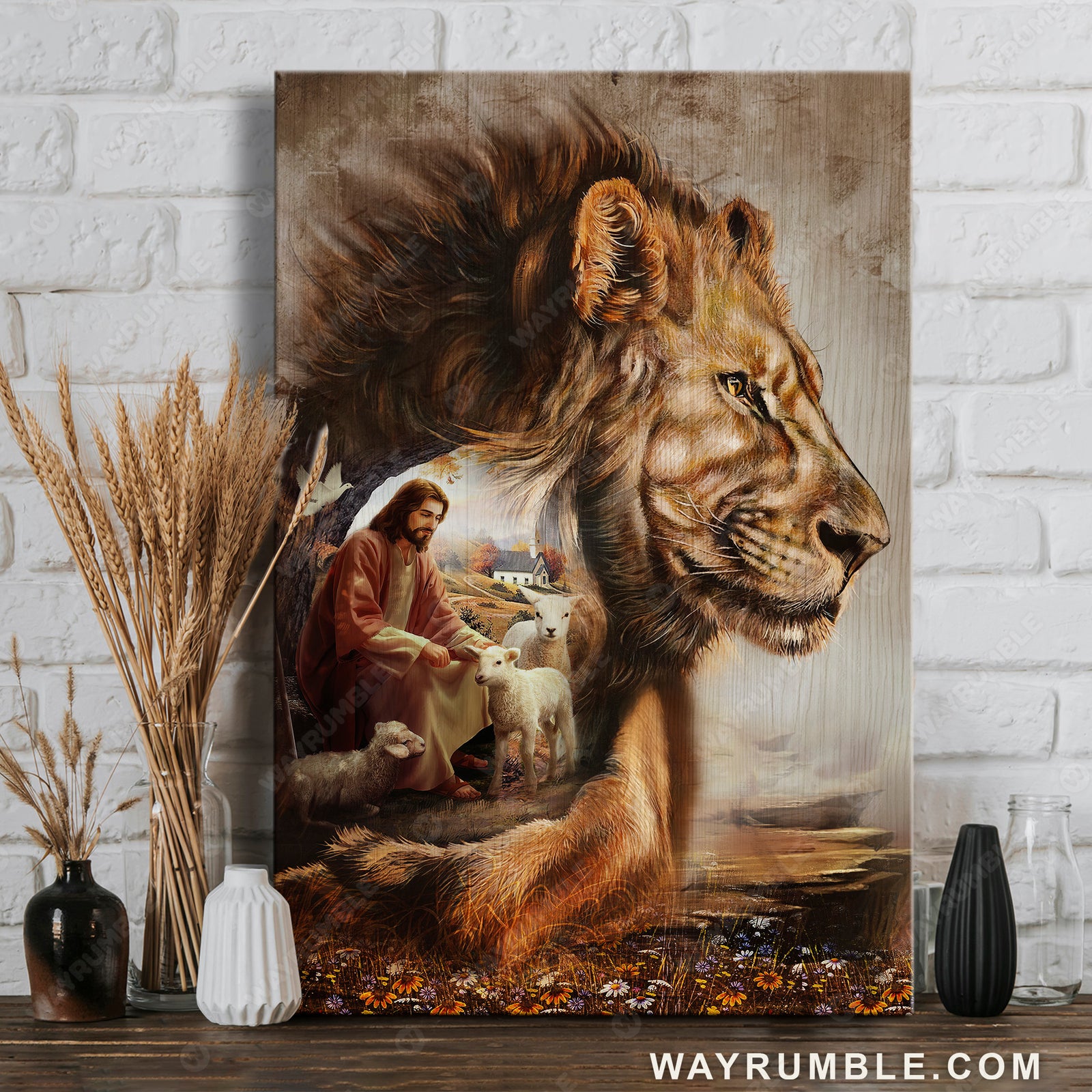 The lion of Judah, Jesus on the hill with the lambs - Jesus Portrait Canvas Prints, Christian Wall Art