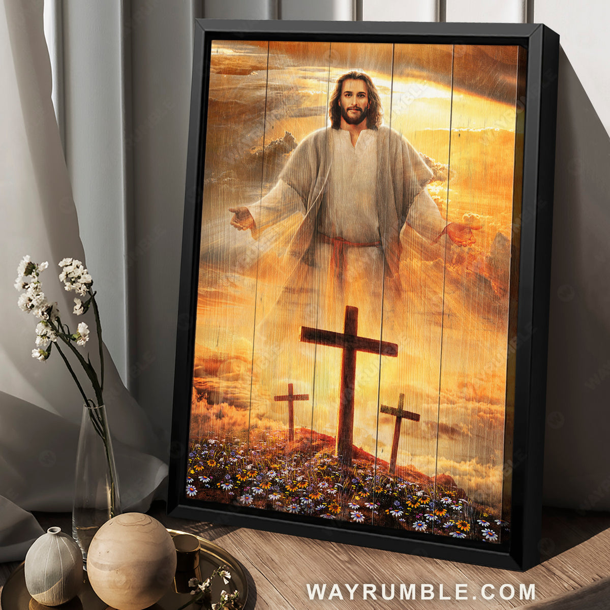 Jesus calls, Three wooden crosses, Daisy field, Heaven sky - Jesus Portrait Canvas Prints, Christian Wall Art