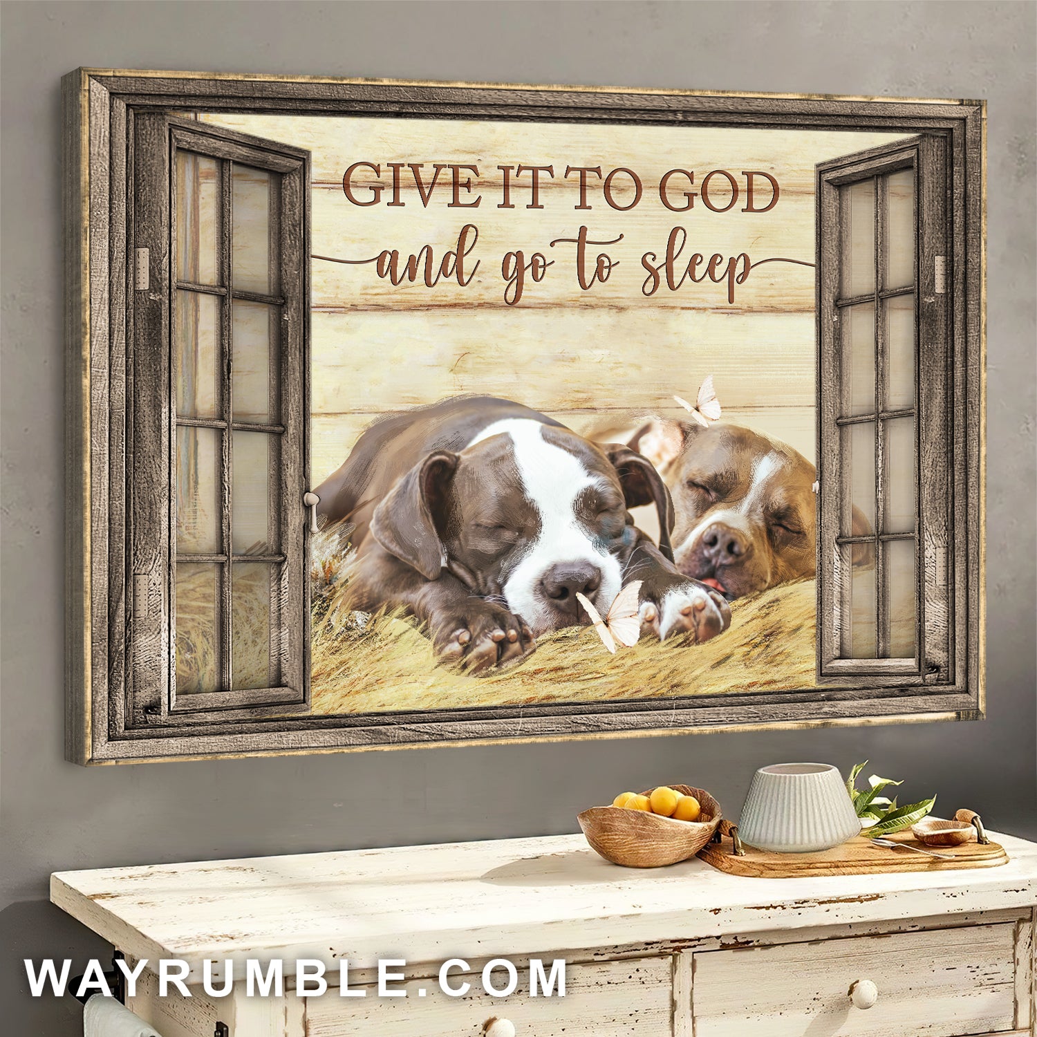 Sleeping Pitbull, Window, Give it to God and go to sleep - Pit bull Landscape Canvas Prints, Wall Art