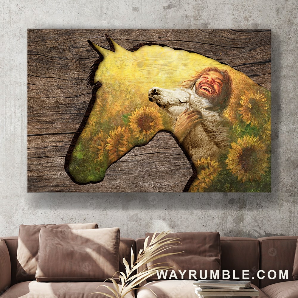 Jesus painting, Horse silhouette, Among the sunflowers with white horse - Jesus Landscape Canvas Prints, Christian Wall Art
