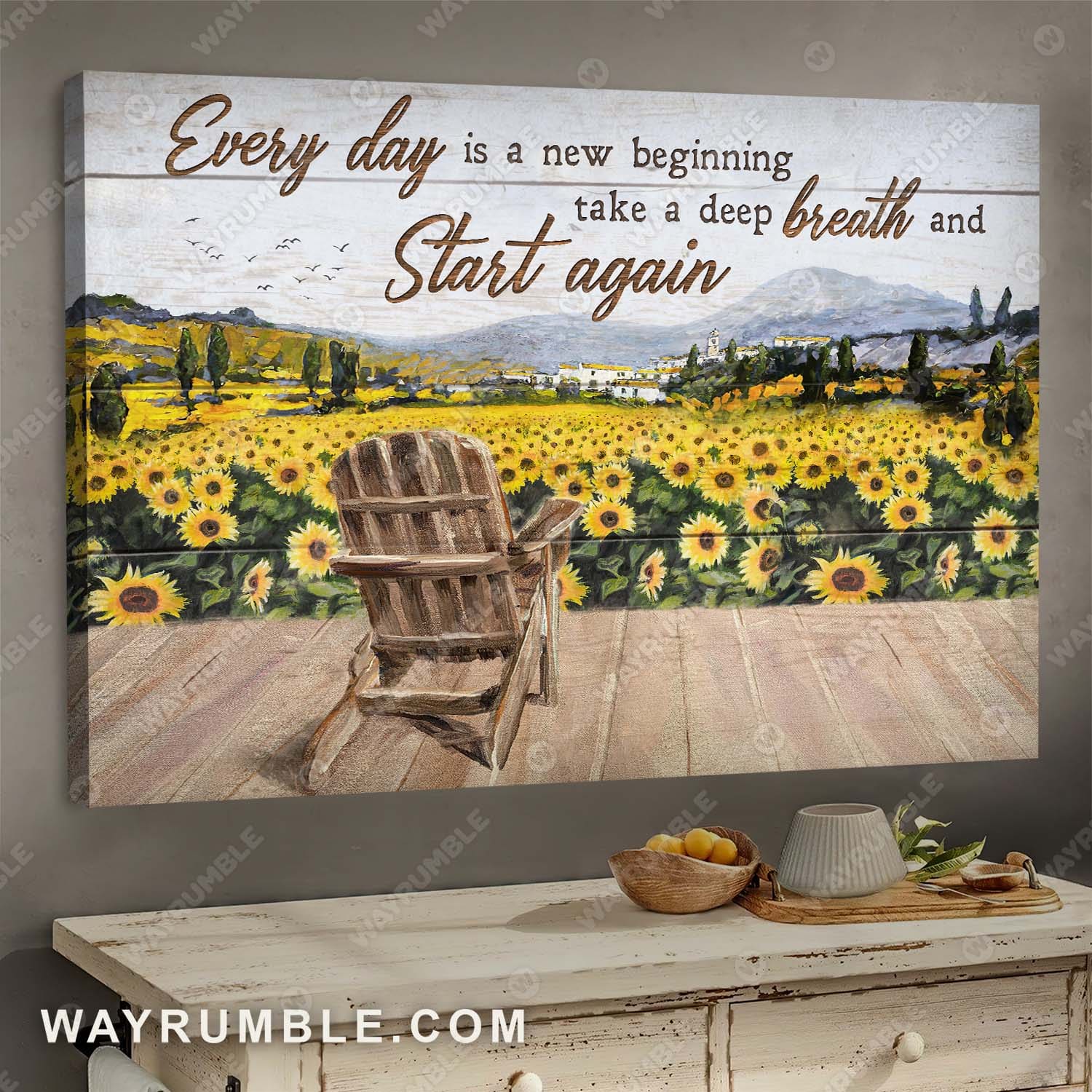 Sunflower Painting, Peaceful Village, Flower Field, Everyday is a new beginning - Jesus Landscape Canvas Prints, Wall Art