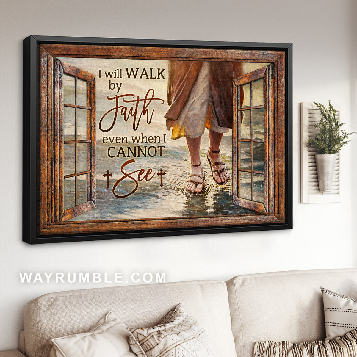 Walks with Jesus, Jesus walk, Window frame, I will walk by my faith - Jesus Landscape Canvas Prints, Christian Wall Art