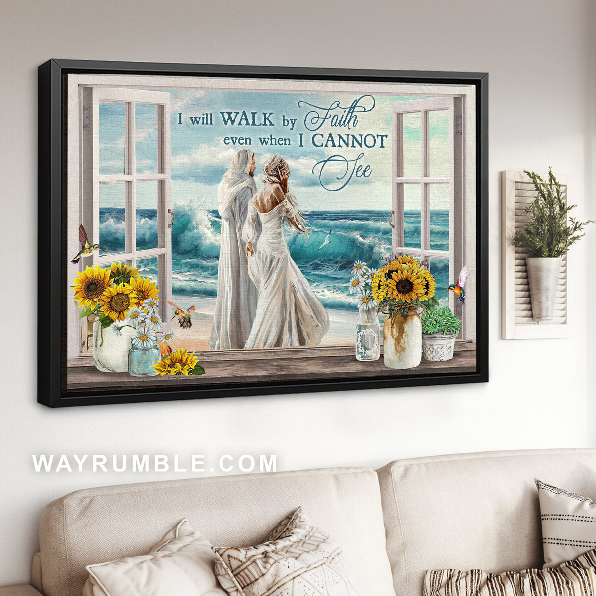 Beautiful woman, Jesus painting, Ocean wave, I will walk by faith - Jesus Landscape Canvas Prints, Christian Wall Art