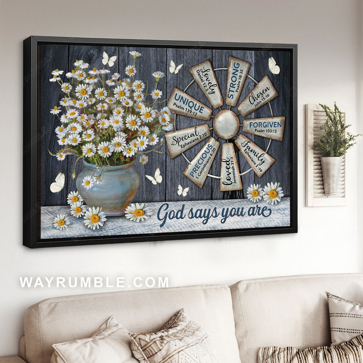 Daisy flower, Windmill, White butterfly, God says you are - Jesus Landscape Canvas Prints, Christian Wall Art