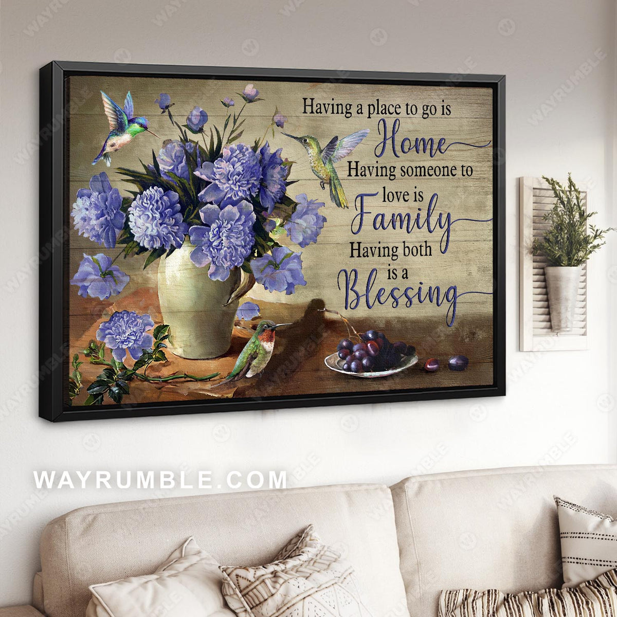 Still life painting, Hummingbird, Purple flower, Having someone to love is family - Jesus Landscape Canvas Prints, Wall Art