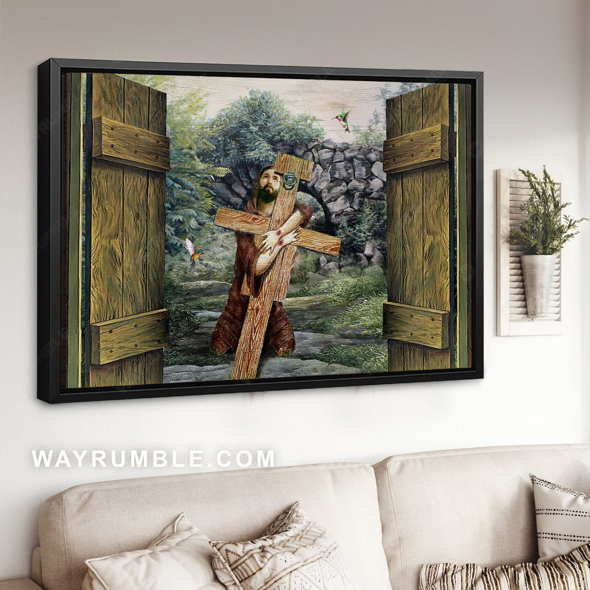 Jesus carrying cross, Looking up to the sky, Green garden, Wooden door - Jesus Landscape Canvas Prints, Christian Wall Art