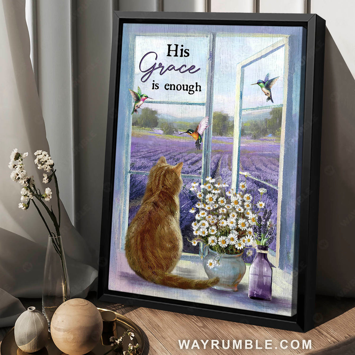 Orange tabby kitten, Lavender farm, White daisy, His grace is enough - Jesus Portrait Canvas Prints, Christian Wall Art