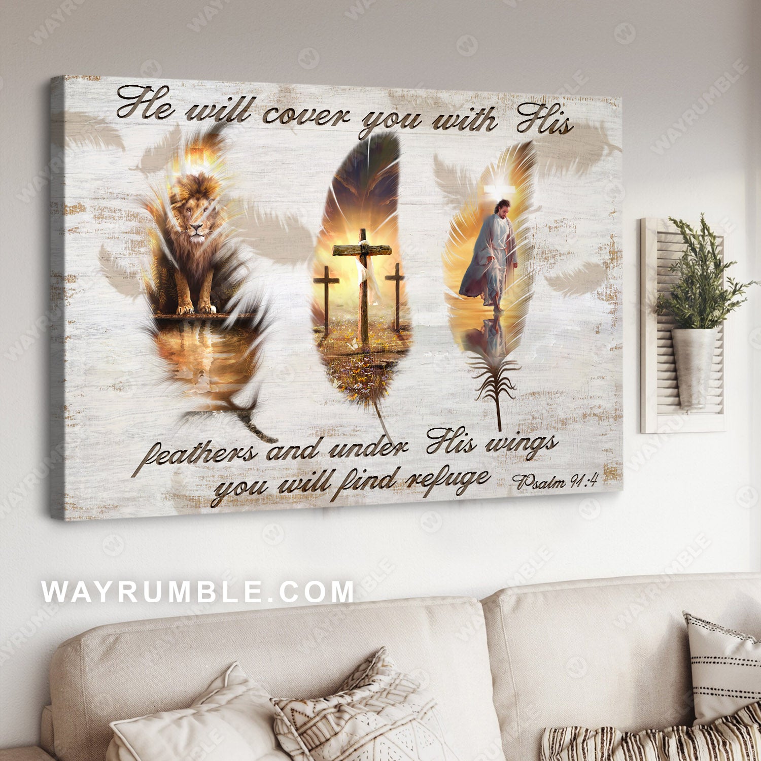 The rugged crosses, Jesus painting, Feathers, Lion of Judah, Under his wings you will find refuge - Jesus Landscape Canvas Prints, Christian Wall Art