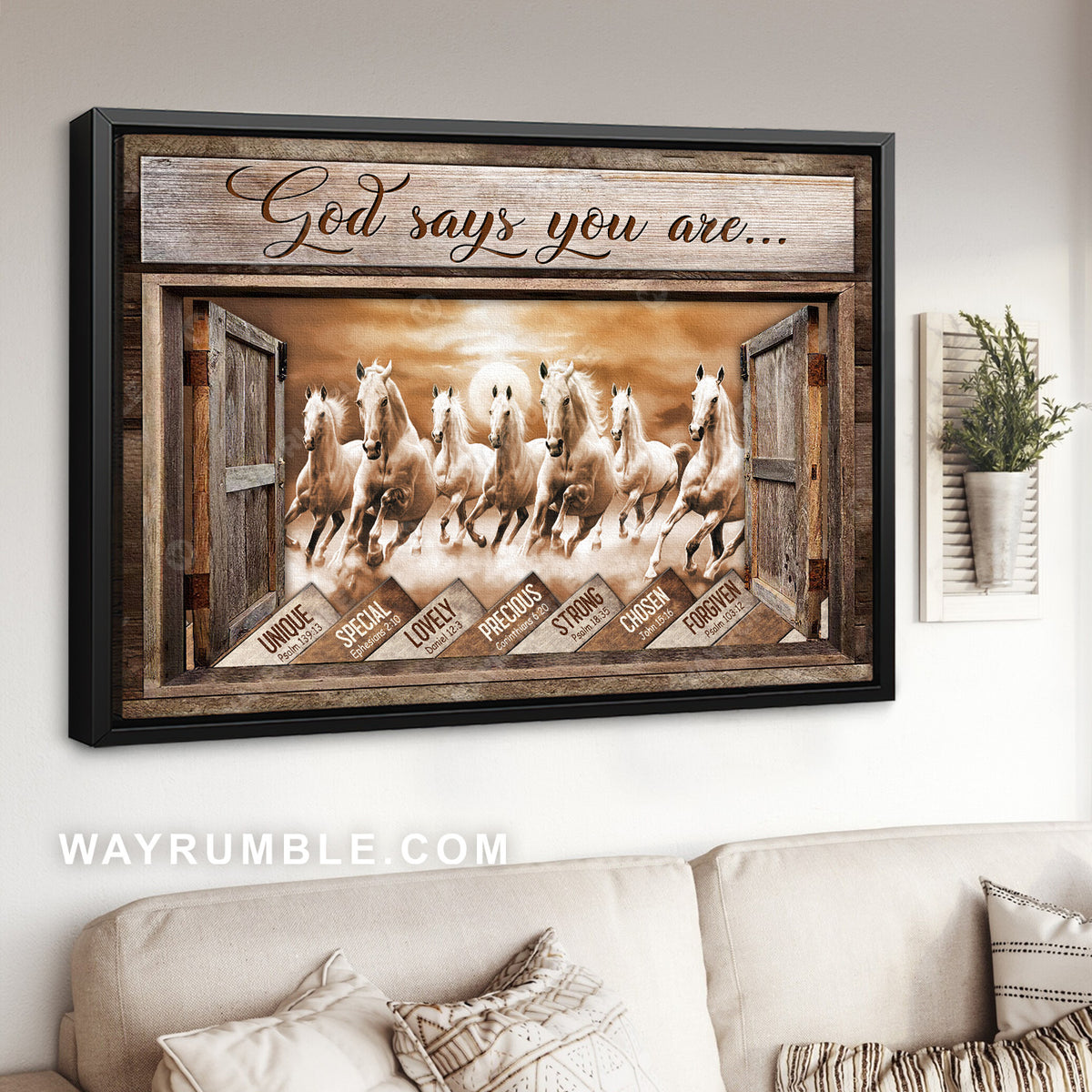 Running horses, Seven white horses, God says you are unique - Jesus Landscape Canvas Prints, Christian Wall Art