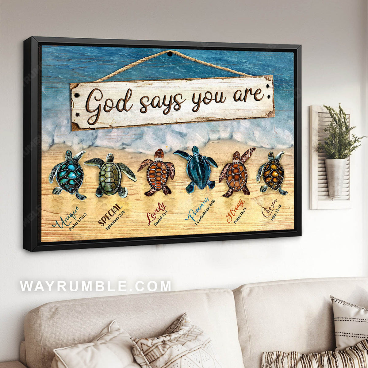 Sea turtle, Beach painting, Colorful picture, God says you are - Jesus Landscape Canvas Prints, Christian Wall Art
