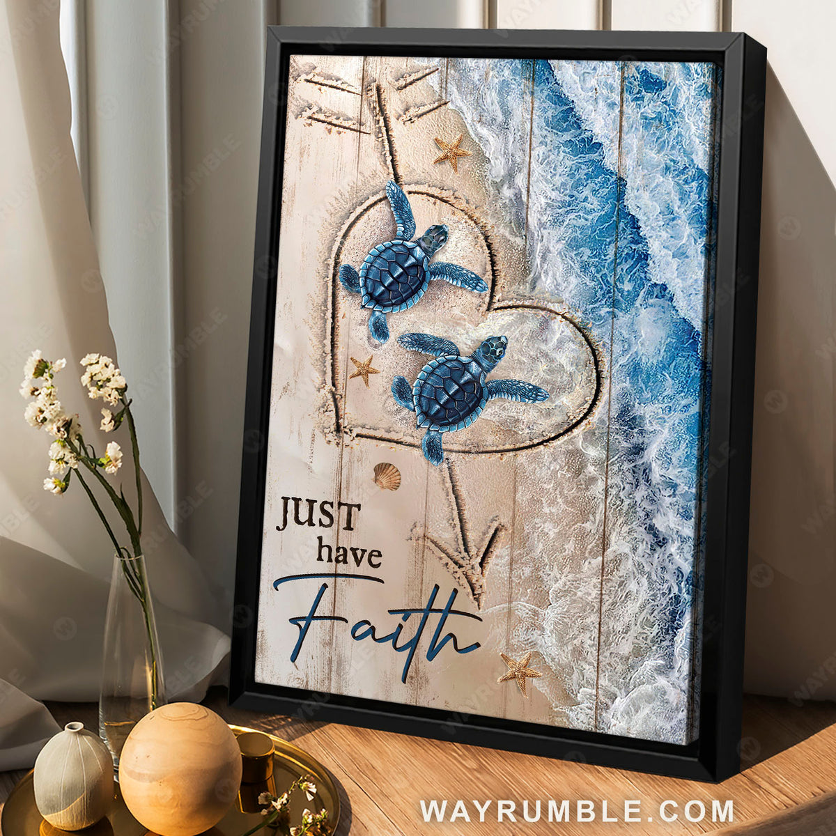 Blue turtle, Heart shape, Beach painting, Just have faith - Jesus Portrait Canvas Prints, Christian Wall Art