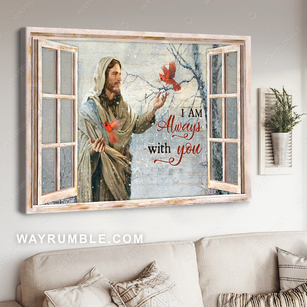 Jesus painting, Cardinals, Winter forest, I am always with you - Jesus Landscape Canvas Prints, Christian Wall Art