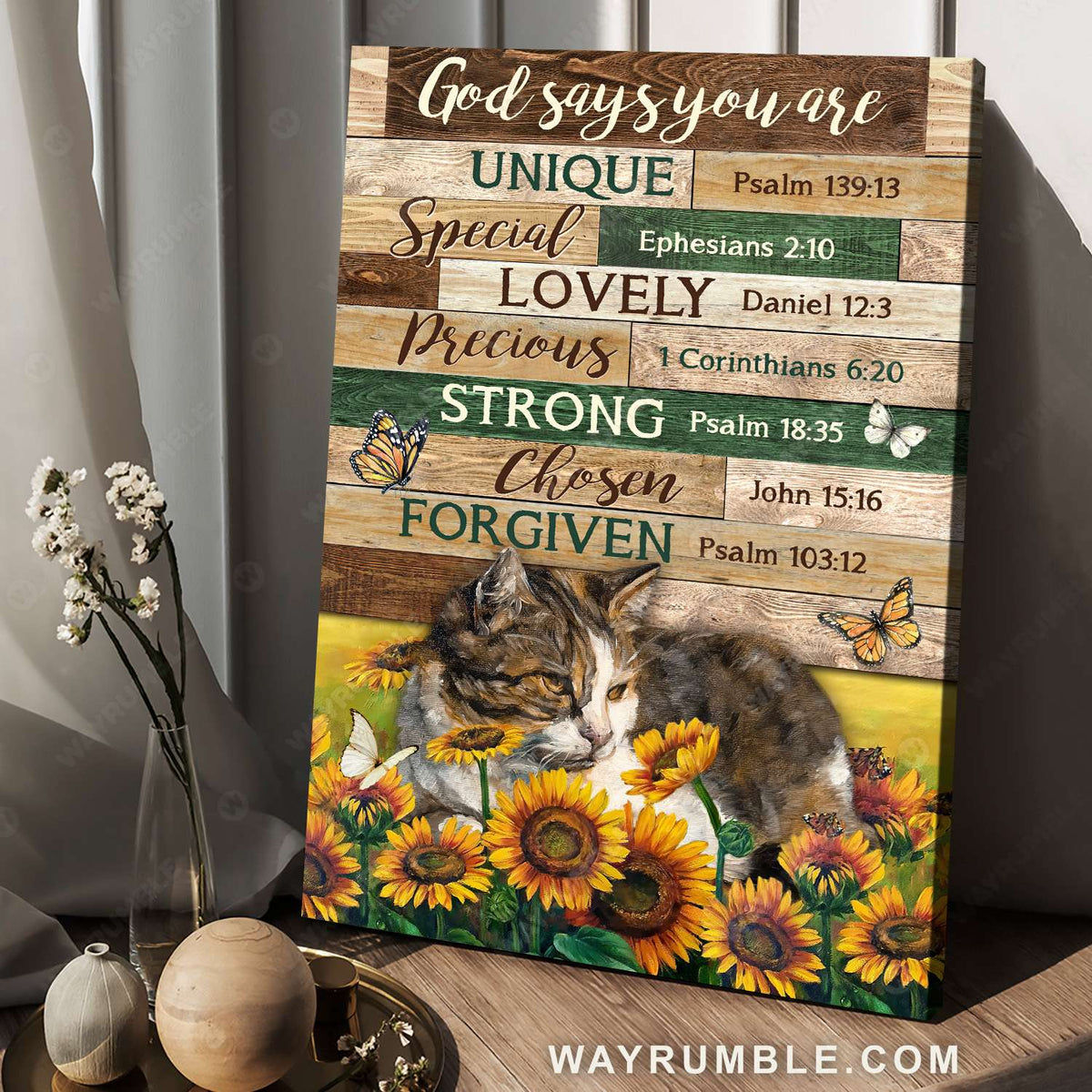 Sunflower field, Calico cat, Monarch butterfly, God says you are - Jesus Portrait Canvas Prints, Christian Wall Art