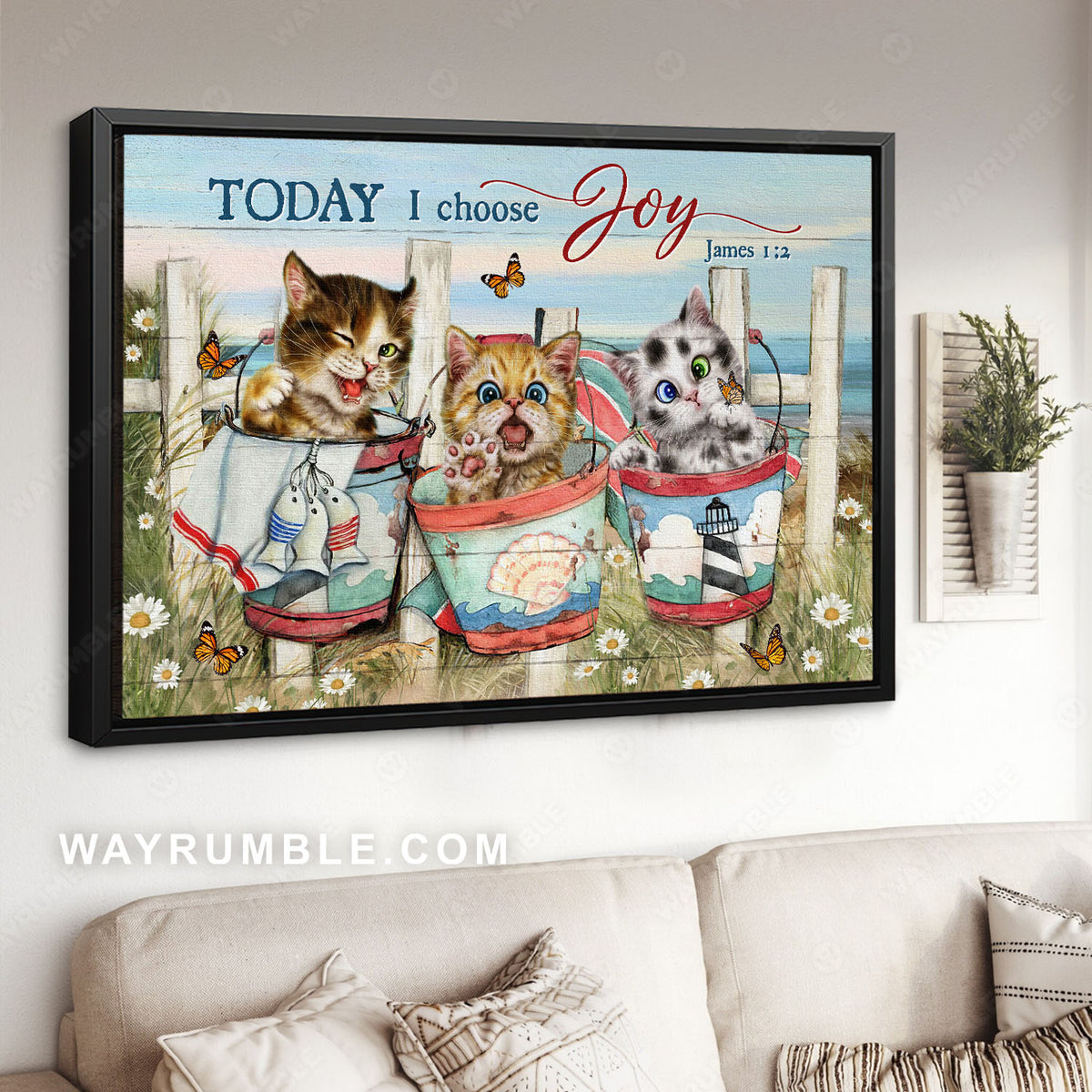Cat painting, Flower garden, Blue ocean, Today I choose Joy - Jesus Landscape Canvas Prints, Christian Wall Art
