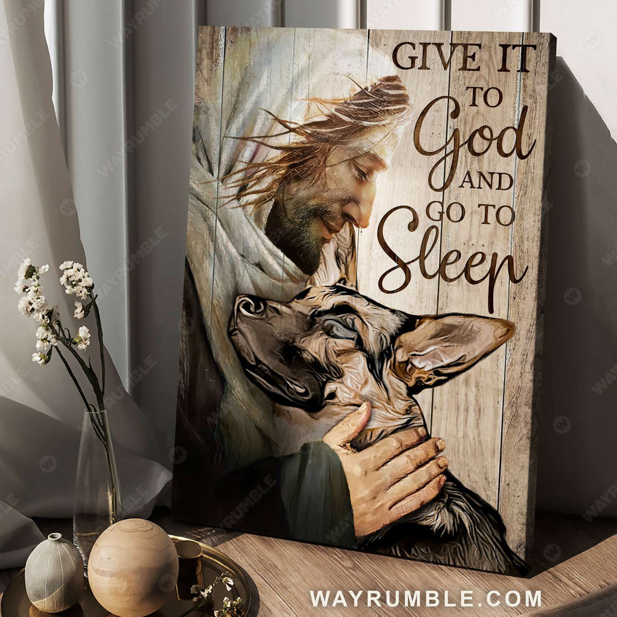German Shepherd painting, Jesus painting, In the arms of Jesus, Give it to God and go to sleep - Jesus Portrait Canvas Prints, Christian Wall Art