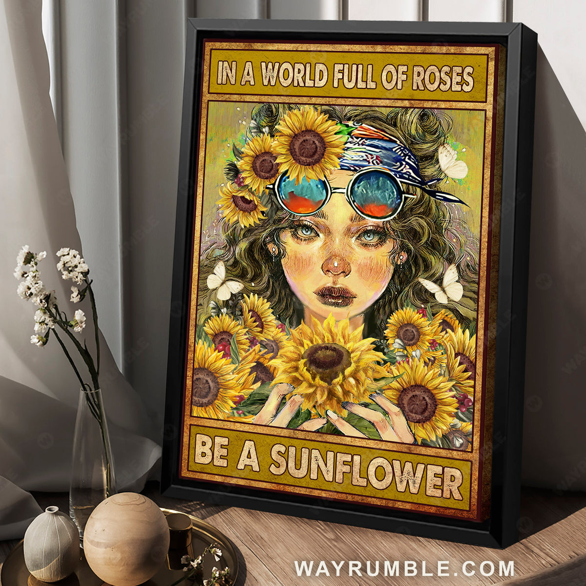 Hippie girl, Bandana headband, Sunflower, In a world full of roses - Jesus Portrait Canvas Prints, Christian Wall Art