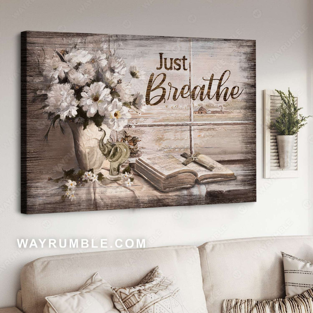 White daisy, Bible, Cross symbol, Window frame, Just breathe - Jesus Landscape Canvas Prints, Christian Wall Art