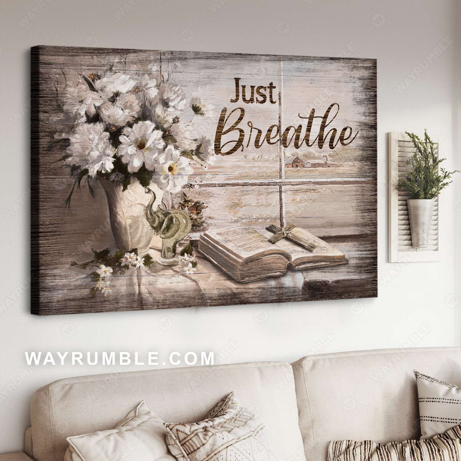 White daisy, Bible, Cross symbol, Window frame, Just breathe - Jesus Landscape Canvas Prints, Christian Wall Art