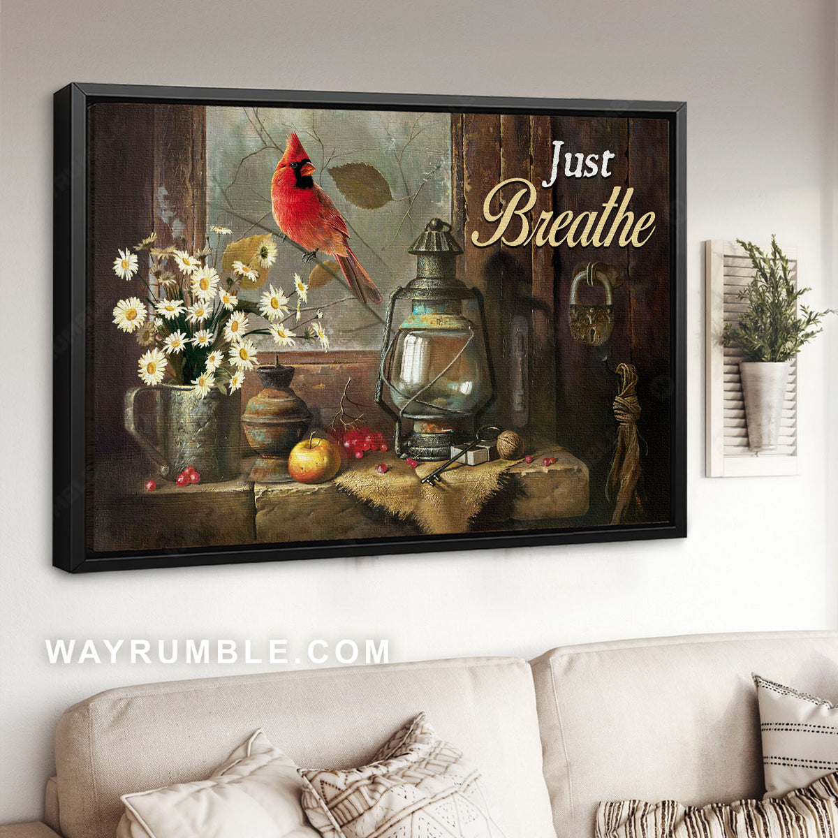 Red cardinal, White daisy, Kerosene lamp, Just breathe - Jesus Landscape Canvas Prints, Christian Wall Art