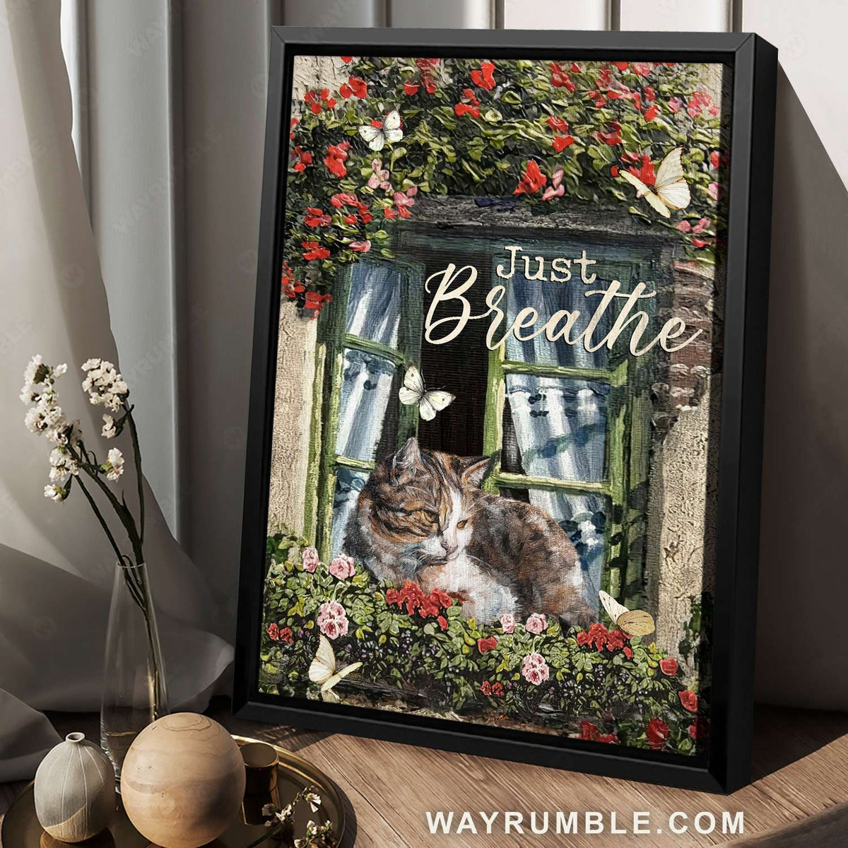 Tabby cat, Sunbathing, Red flowers, Glass window, Just breathe - Jesus Portrait Canvas Prints, Christian Wall Art