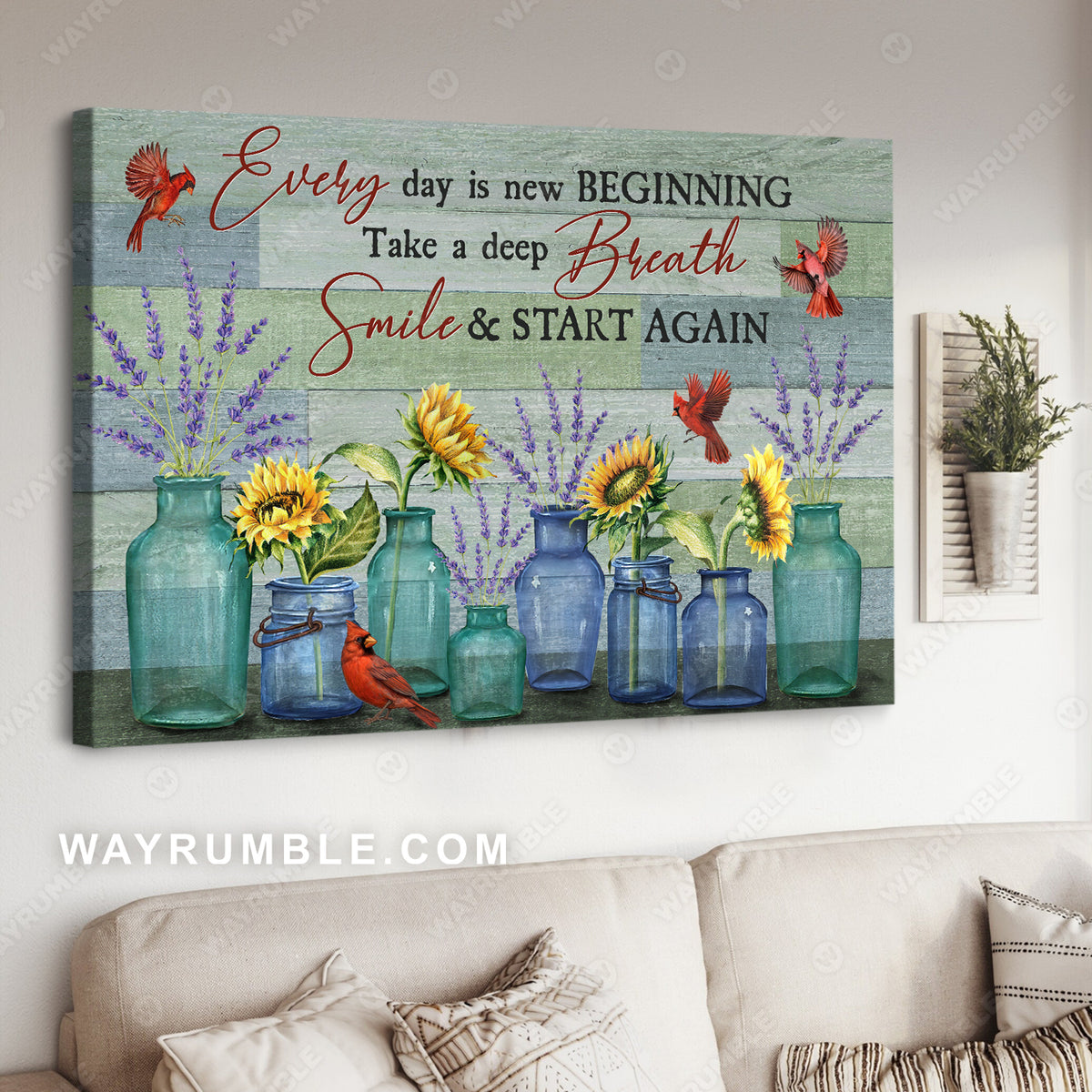 Red cardinal, Sunflower, Lavender, Glass bottle, Every day is a new beginning - Jesus Landscape Canvas Prints, Christian Wall Art
