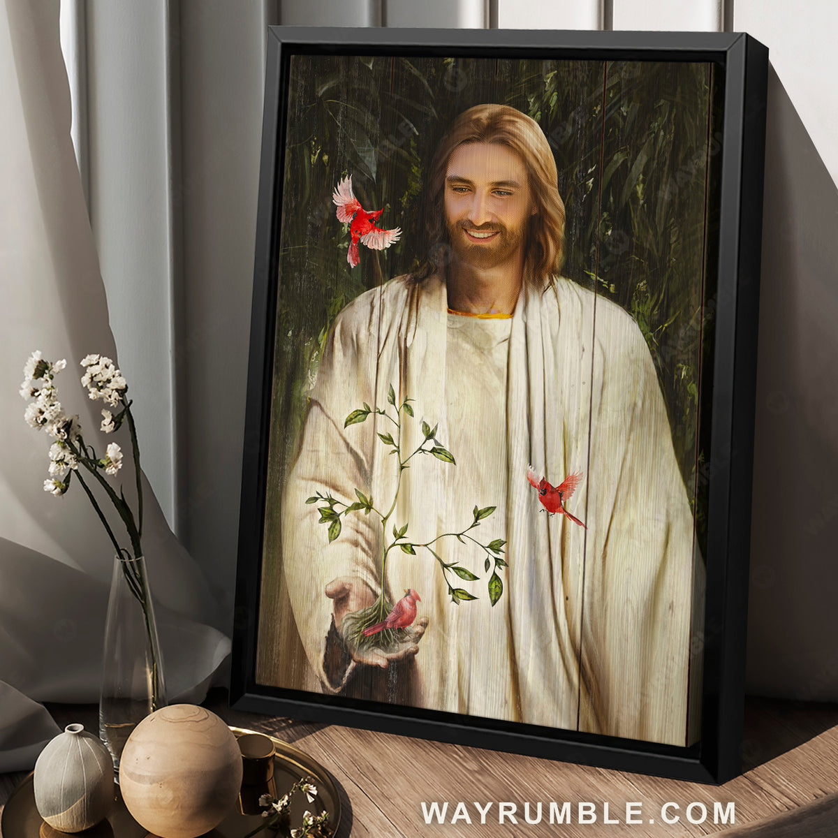 Jesus smile, Growing plant, Red cardinals - Jesus Portrait Canvas Prints, Christian Wall Art