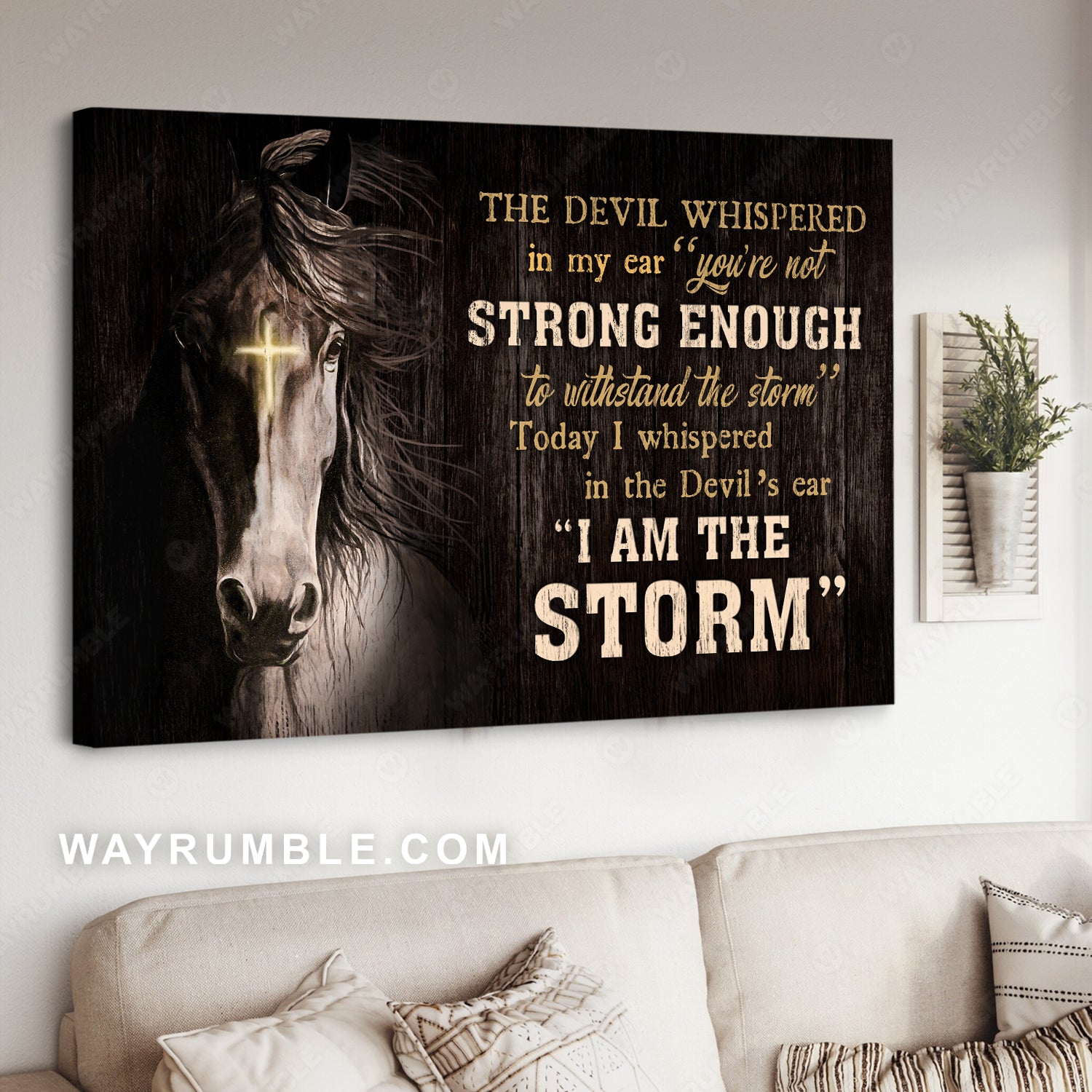 Horse drawing, Cross light, Black background, I am the storm - Jesus Landscape Canvas Prints, Christian Wall Art