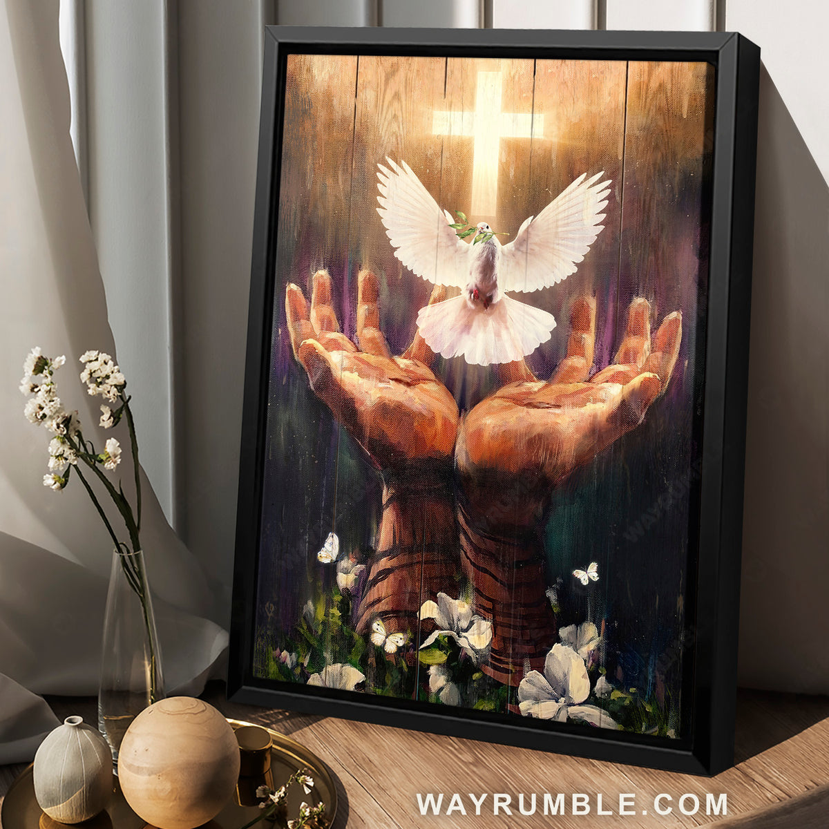 Jesus hand, Dove of peace, Light cross, White flower - Jesus Portrait Canvas Prints, Christian Wall Art
