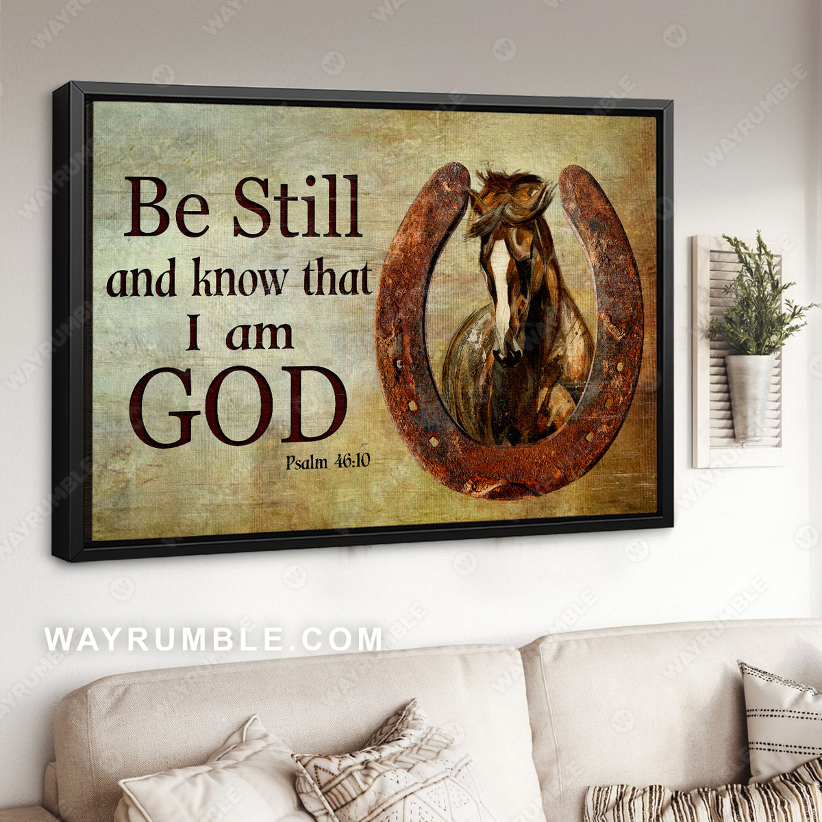 Horseshoe, Horse painting, The amazing brown horse, Be still and know that I am God - Jesus Landscape Canvas Prints, Christian Wall Art
