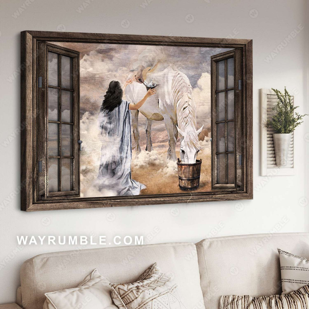 Horse painting, Beautiful white horse, The hand of god, Widow frame - Jesus Landscape Canvas Prints, Christian Wall Art