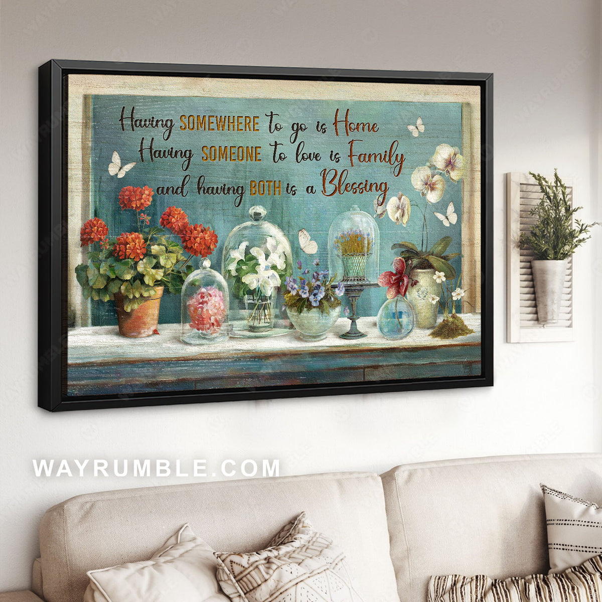 Red geranium, Purple pansy, White orchid, Having somewhere to go - Jesus Landscape Canvas Prints, Christian Wall Art