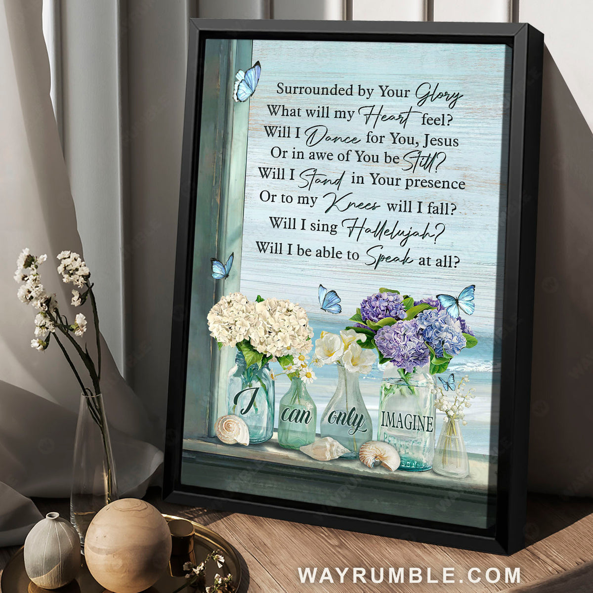 Purple hydrangea, Primrose, Glass vases, Ocean view, I can only imagine - Jesus Portrait Canvas Prints, Christian Wall Art