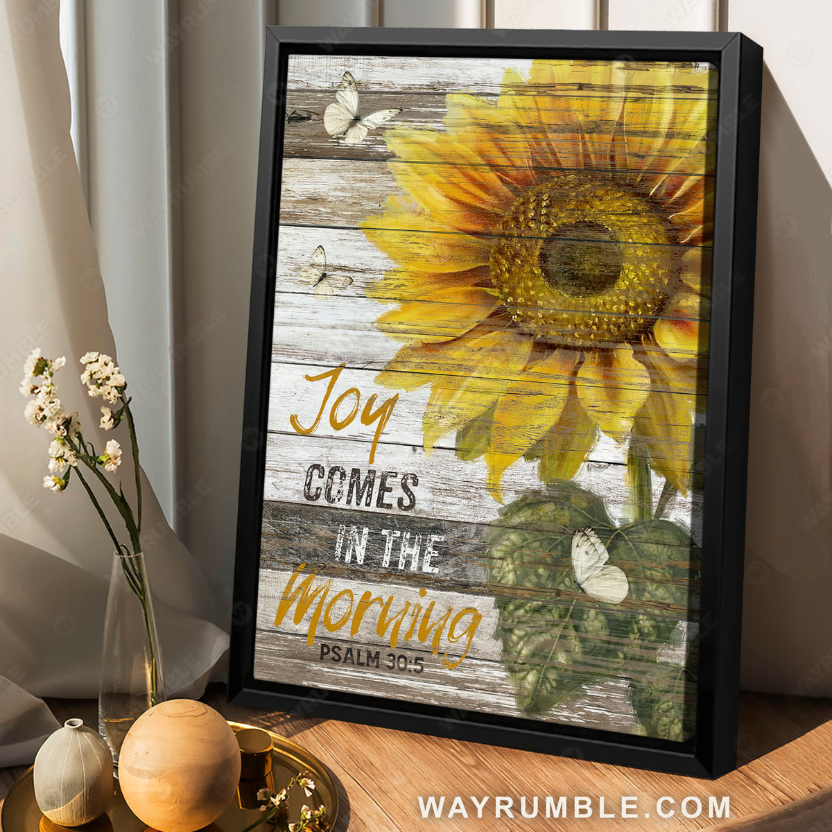 Sunflower painting, White butterfly, Joy comes in the morning - Jesus Portrait Canvas Prints, Christian Wall Art