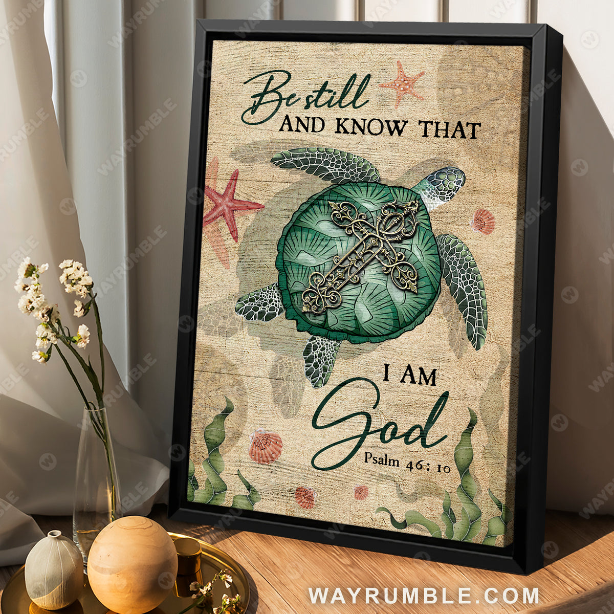 Green sea turtle, Seaweed, Starfish, Be still and know that I am God - Jesus Portrait Canvas Prints, Christian Wall Art