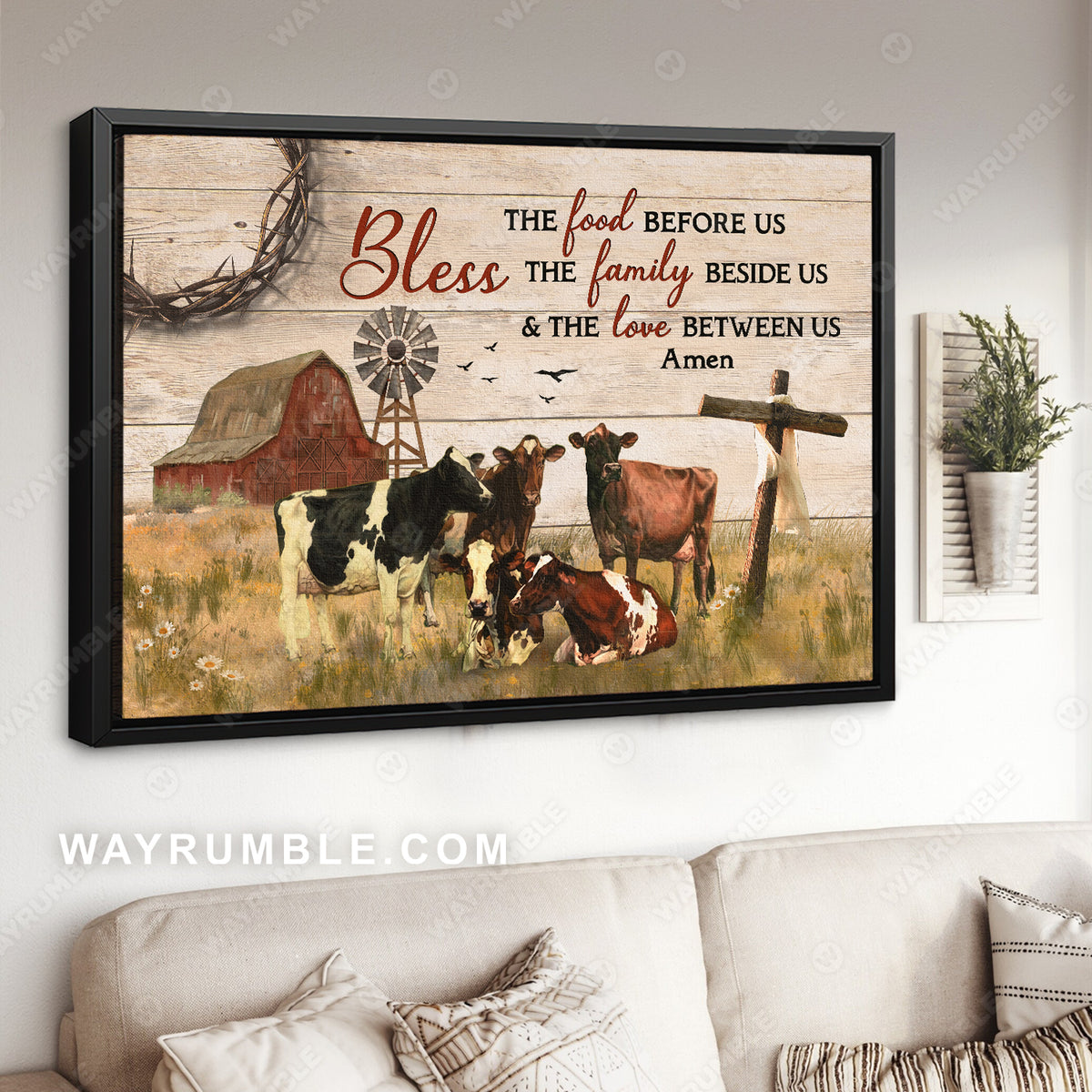 Cow painting, Countryside Landscape, The cross, Bless the family beside us - Jesus Landscape Canvas Prints, Christian Wall Art