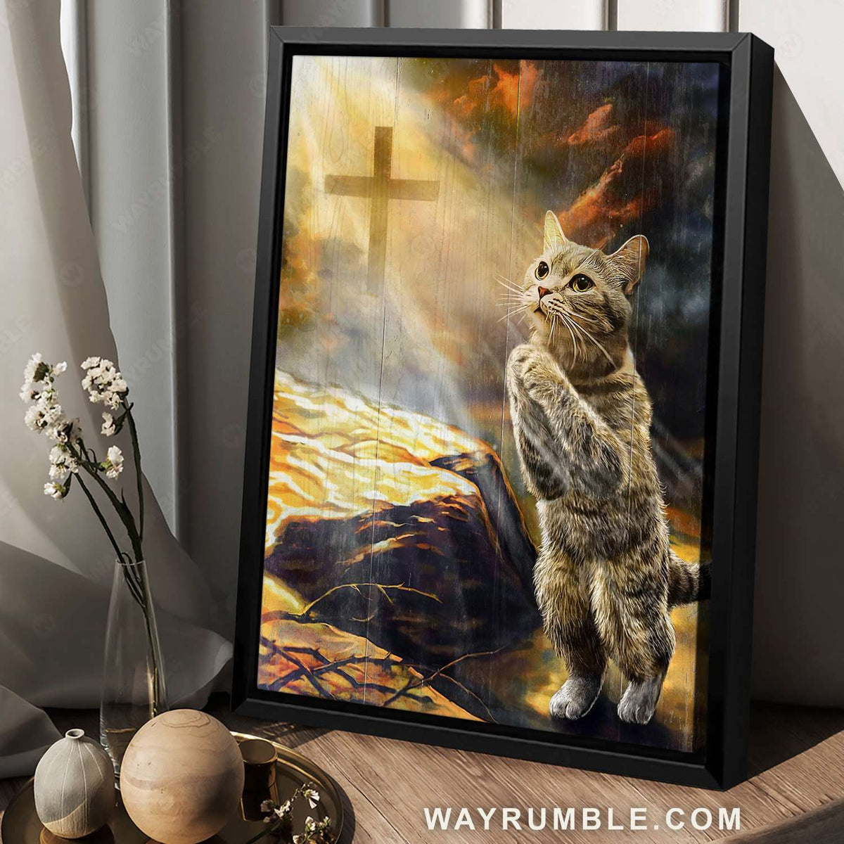 Pray for Jesus, Grey tabby cat, Heaven light - Jesus Portrait Canvas Prints, Christian Wall Art